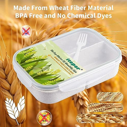 Itopor Bento Box for Kids & Adults, Lunch Box 46 oz, White | Wheat straw material, BPA-free, leakproof, 3 compartments, microwave & dishwasher safe, for school, office & travel - color: White