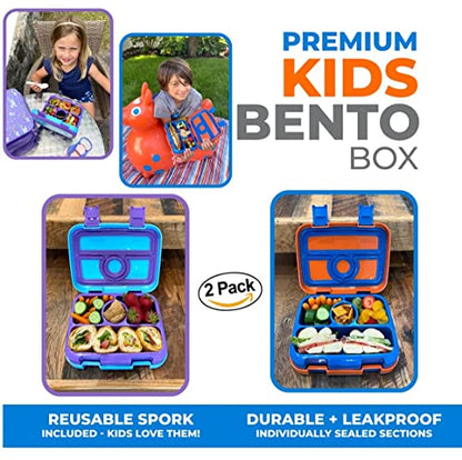kinsho Bento Lunch Box, Boxes for Kids Toddlers Boys Girls, 4 Portion Divided Sections Secure Lid, BPA Free Removable Tray, Pre-School Kid Daycare Lunches Snack Container, Blue Purple Aqua 2 Pack Set - color: Blue Orange + Blue Purple Bentos