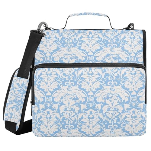 Blue Vintage Floral Zipper Binder 3 Ring Binder 1.5 Inch with Zippers Shoulder Strap & Handle Binders Organizer Bag - color: Blue Vintage Floral