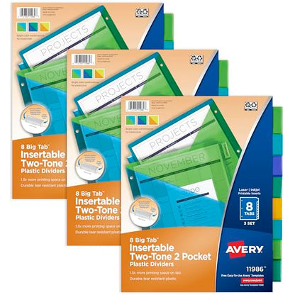 Avery Insertable 8 Tabs Two-Pocket Plastic Divider for 3 Ring Binders | 3 Sets of Durable Binder Dividers with 8 Colors Tabs & Pocket, Works with Sheet Protectors
