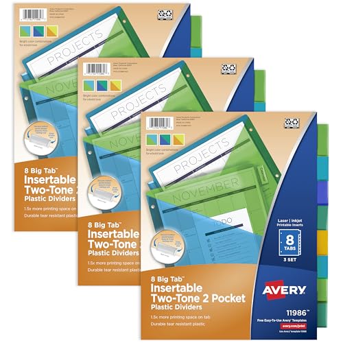 Avery Insertable 8 Tabs Two-Pocket Plastic Divider for 3 Ring Binders | 3 Sets of Durable Binder Dividers with 8 Colors Tabs & Pocket, Works with Sheet Protectors