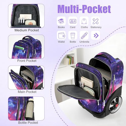 NEW TILAMI 19 Inch Rolling Backpack with Lunch Bag for Girls Boys Wheeled Laptop Backpack Durable Carry-on Bag School Travel, Purple Starry - color: Purple Starry