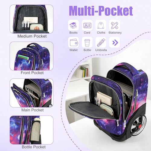 NEW TILAMI 19 inch Rolling Backpack Teens Rolling Backpack Cute Wheeled Laptop Backpack Bookbag Roller Travel Bag College, Starry Purple - color: Purple Starry