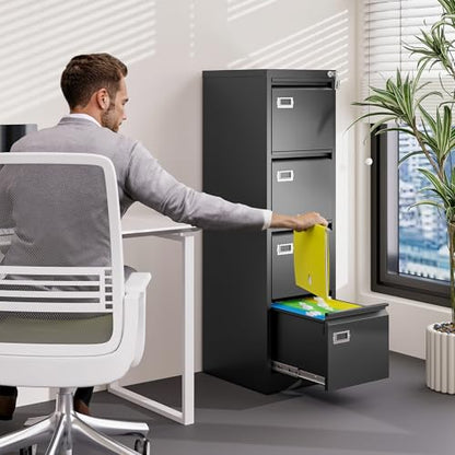 BYNSOE 4 Drawer File Cabinet with Lock Metal Vertical File Cabinet Office Home Vertical File Cabinet for A4 Legal/Letter Size Narrow File Cabinet Locked,Assembly Required (Black, 4 Drawers- Vertical) - color: Black, size: 4 Drawers