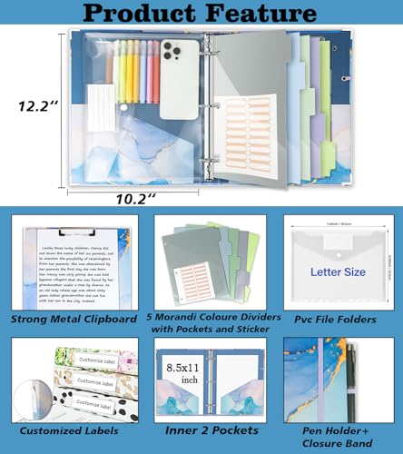 3 Ring 1 Inch Binder Organizer, KLLVE Three Ring Binders with Clipboard, 5-Tabs Pockets Dividers, Plastic Folder, 18 Divider Stikers,Pen Loop (Blue Marble, Letter Size) - color: Blue Marble, size: 1in（Letter Size）
