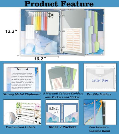 3 Ring 1 Inch Binder Organizer, KLLVE Three Ring Binders with Clipboard, 5-Tabs Pockets Dividers, Plastic Folder, 18 Divider Stikers,Pen Loop (Blue Marble, Letter Size) - color: Blue Marble, size: 1in（Letter Size）