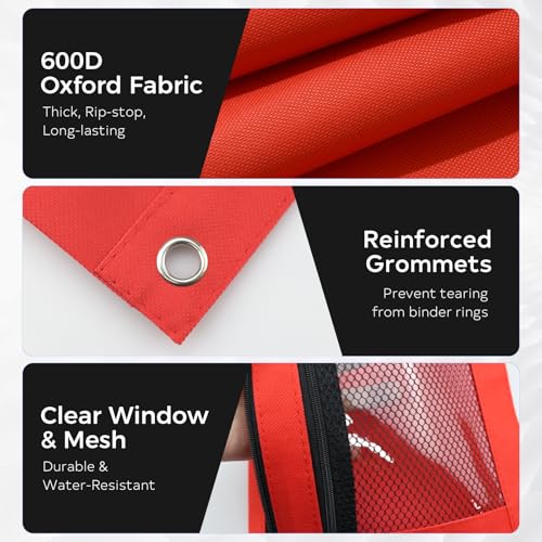 3 Ring Pencil Pouch for Binder, 2-Pocket Zipper Pencil Case with Clear Window & Mesh Pocket, 600D Oxford Fabric Binder Pouch for School Office Supplies, Fits Standard 3-Ring Binders, Red - color: Red