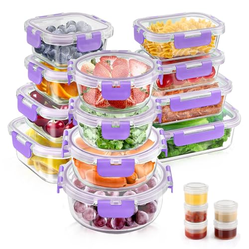 34pcs Glass Food Storage Containers with Lids Set, Airtight Glass Meal Prep Containers (17 Containers & 17 Lids), Leak Proof Lunch Container BPA-Free, Microwave, Oven, Freezer, Dishwasher Safe-Purple - color: PURPLE