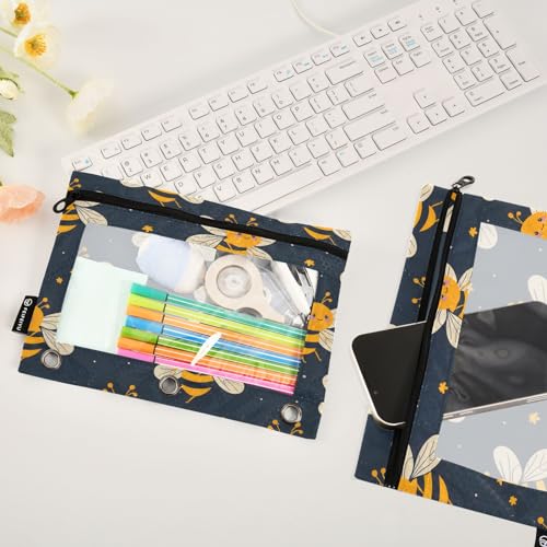SUABO Honey Bee Pencil Pouch for 3 Ring Binder, 2 PCS Binder Pencil Pouch with Zipper, Clear Window Zipper Pencil Case Pencil Bags for Office Supplies - color: Honey Bee
