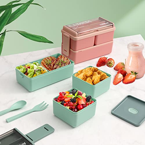 CHZZMS 2 Pack Bento Box Adult Lunch Box,49OZ Leakproof Eco-Friendly Stackable Bento Lunch Box Meal Prep for Dining Out, Work, Picnic, School (green+pink) - color: green+pink