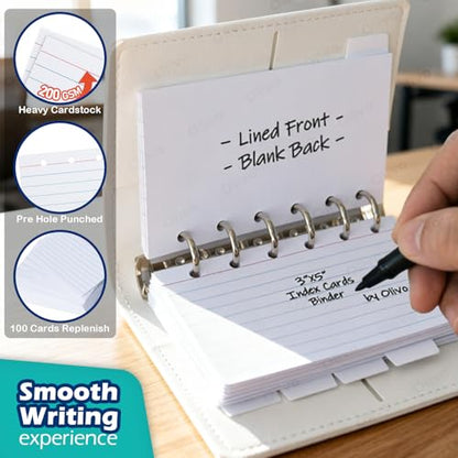 3x5 Lined Index Cards with Ring Binder Holder and Dividers, 100 Note Cards, Black - color: Black