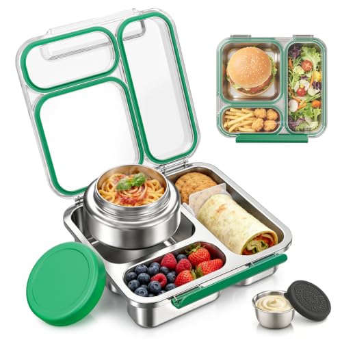 Pawtong Stainless Steel Bento Box Kids Adult with 7oz Insulated Food Jar, Transparent Lid Metal Lunch Box With Soup Thermal Jar, Lunch Box Container with Removable Divider & Sauce Cup School (Green) - color: Green