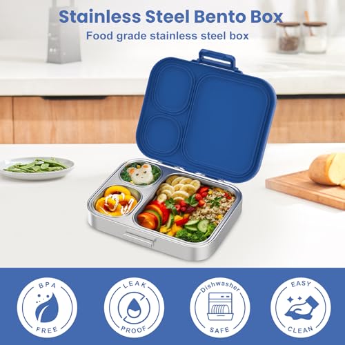 Pawtong Stainless Steel Bento Lunch Box for Kids | 3-Compartment Lunch Box Container Kids | 100% Leakproof, Eco-Friendly, Perfect Portion Control for Kids&Adult Healthy Meals (Blue) - color: Blue