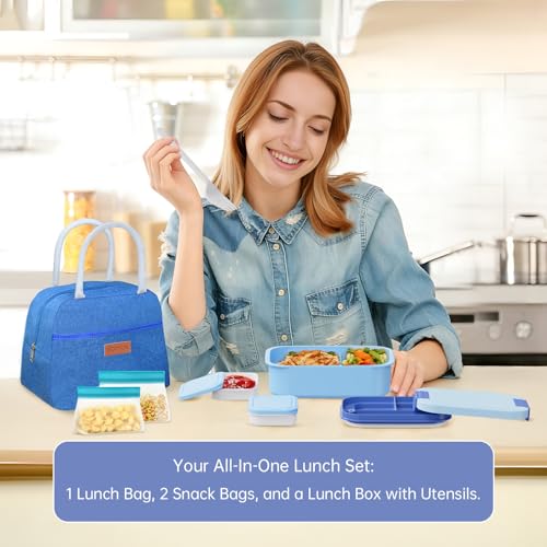 JBGOYON 4-in-1 Bento Box and Insulated Lunch Bag Set, Blue | 6-hour insulation, 7.5 L lunch bag, leakproof 1.9 L container with 2 sauce cups, fork and spoon, 2 snack bags, BPA-fre - color: Blue