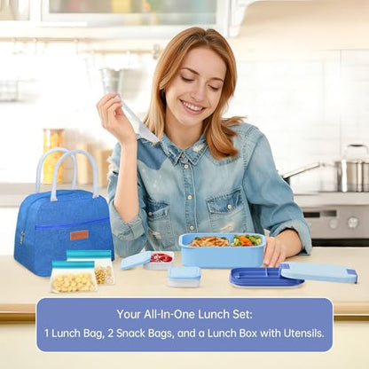 JBGOYON 4-in-1 Bento Box and Insulated Lunch Bag Set, Blue | 6-hour insulation, 7.5 L lunch bag, leakproof 1.9 L container with 2 sauce cups, fork and spoon, 2 snack bags, BPA-fre - color: Blue