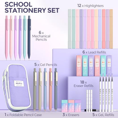 Nicpro School Supplies Stationary Set with Pencil Case, 39 PCS Purple | Back to Schoo Supplies, Pen Case with 12 Highlighter, 5 Gel Pen, 6 Mechanical Pencil, Essentials for College, Nursing Student - color: Purple, size: 39 PCS