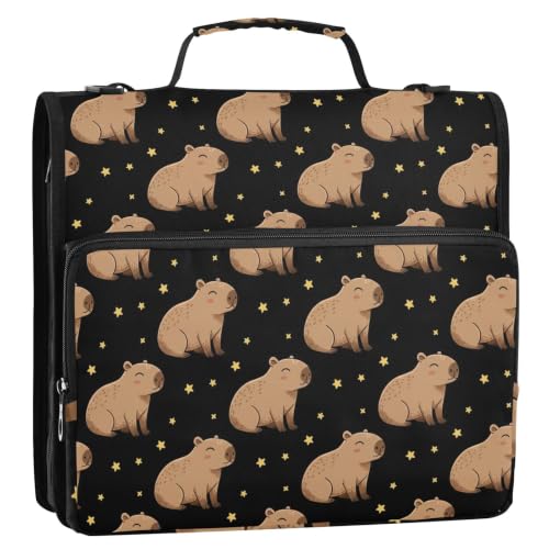 Capybara Zipper 3 Ring Binder Bag with Shoulder Strap for School | 2 Inch 3 Ring, Secure Zippered Closure, Organizer Pockets for Classification, Heavy Duty File Organizer - color: Capybara Brown
