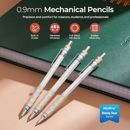 Nicpro Blocky Gear 0.9 mm Mechanical Pencils Set in Case, 3 Pack Metal Pencil 8 Tube with Lead Refills 0.9mm (HB 2B), 3 Erasers for Professional & Adult Art Writing Drafting Drawing - style: 0.9mm
