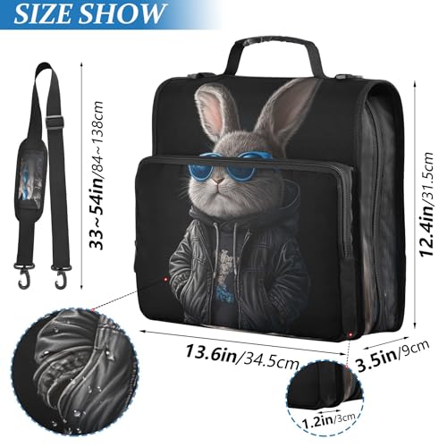 3 Ring Zipper Binder Cool Bunny Binder Organizer Portfolio with File and Shoulder Strap & Handle Large Capacity File Folder - color: Cool Bunny