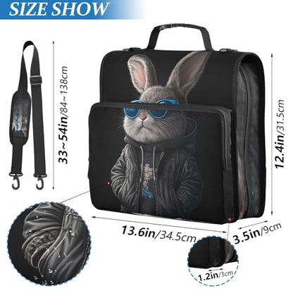 3 Ring Zipper Binder Cool Bunny Binder Organizer Portfolio with File and Shoulder Strap & Handle Large Capacity File Folder - color: Cool Bunny