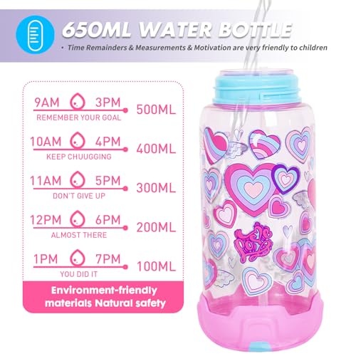 Kids Water Bottle with Straw/Lanyard for School Kids Girls Boys, 22oz BPA Free Child Drinking Water Bottle One-Click-Open Leak-Proof Locking Flip Lid for School Sport Travel - color: H08. Heart