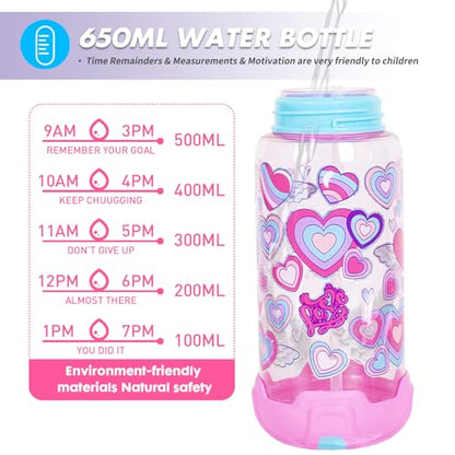 Kids Water Bottle with Straw/Lanyard for School Kids Girls Boys, 22oz BPA Free Child Drinking Water Bottle One-Click-Open Leak-Proof Locking Flip Lid for School Sport Travel - color: H08. Heart