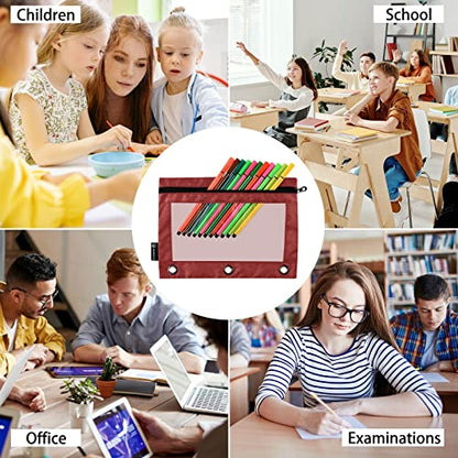 Binder Pouches,Fire Brick Pencil Pouch for 3 Ring Binder 2 Pack Clear Pencil Bag with Zipper for Office School Supplies - color: Fire Brick