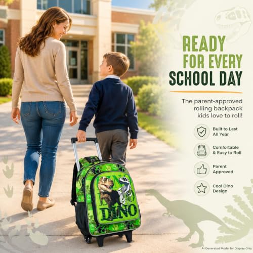 WZLVO 3PCS Rolling Backpack for Boys, Kids Dinosaur Bookbag with Roller Wheels, Suitcase School Bag Set for Toddler Elementary - color: Dinosaur Green