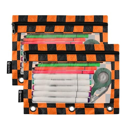 OrangeRed Buffalo Plaid Binder Pouches 3 Ring for Boys Girls School Office College Supplies Black Chessboard Halloween Pumpkin Aqua Pencil Pouches Case Bag with Clear Window and Zipper 2 Pack - color: Pumpkin