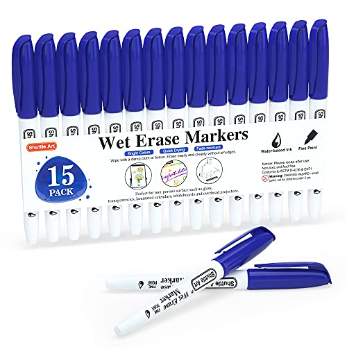 Shuttle Art Wet Erase Markers, 15 Pack Blue 1mm Fine Tip Smudge-Free Markers, Use on Laminated Calendars, Overhead Projectors, Schedules, Whiteboards, Transparencies, Glass, Wipe with Water - color: Blue