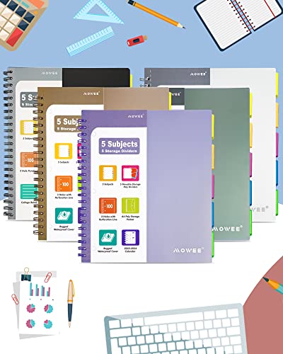 5 Subject Notebook - Spiral Notebook, Blue and Purple College Ruled Notebook With Dividers Pocket, Tabs, 11" Ruler, 200 Pages
