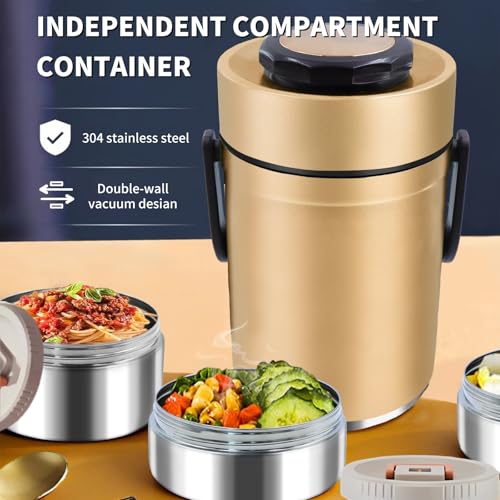 67oz Upgraded Thermos for Hot Food, 3-Layer Stackable Food Thermos, Soup Thermos Jar with Insulated Bag, Ideal for Office, Outdoor Meals, and Various Occasions (67 oz Gold) - color: 67 oz Gold