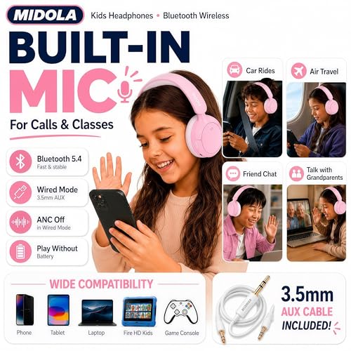 MIDOLA Kids Bluetooth Headphones Active Noise Cancelling,68H Play Time,Lightweight Wireless Foldable Over-Ear Headphone for Kid Toddler,Volume Limited 85/94dB,Headsets with Built-in Mic Pink - color: Pink