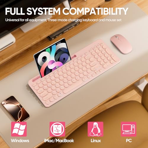 Wireless Keyboard and Mouse Combo with Phone Tablet Holder, Rechargeable Dual-Mode (Bluetooth 5.0 and 3.0 +2.4G) Multi-Device Silent Mouse for Windows, iPad, Tablet, MacOS,iOS,Android (Pink) - color: pink