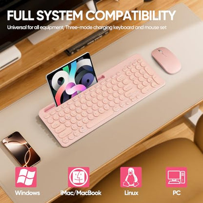 Wireless Keyboard and Mouse Combo with Phone Tablet Holder, Rechargeable Dual-Mode (Bluetooth 5.0 and 3.0 +2.4G) Multi-Device Silent Mouse for Windows, iPad, Tablet, MacOS,iOS,Android (Pink) - color: pink