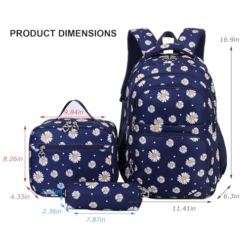 Glodwheat Daisy Printed Backpack For Girls- 3Pc Set With Lunch Box & Pencil Case, Lightweight Water-Resistant Bookbag For Elementary School - color: Navy