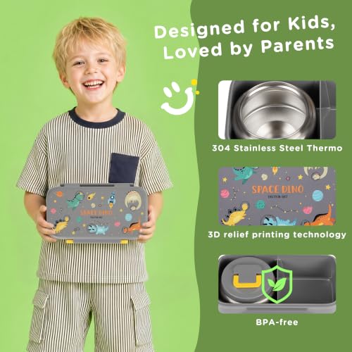 JXXM Lunch Box for Kids With 8oz Soup Thermo, Leak-proof Lunch Container with 2 Compartments, Thermo Food Jar Food Containers for Back to School Girls Boys (Gray Dinosaur) - color: Gray Dinosaur