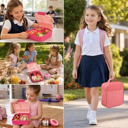 Bento Lunch Box for Girls with 8oz Soup Thermo & Lunch Bag, Leak-Proof Lunch Food Containers with 4 Compartment, Hot Food Insulated Food Jar for Kids School (Pink) - color: Pink