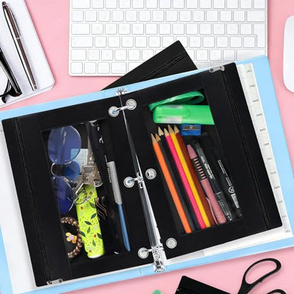 30Pack 3 Ring Binder Pencil Pouch with Zipper Black, Clear Window Pen Holder Case for Office, and Home Organization, Waterproof Oxford Fabric, Fits Standard 3 Ring Binders