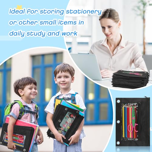 Zhehao 200 Pcs Pencil Pouches for 3 Ring Binder, Bulk Zipper Pencil Pouch Pen Case with Mesh Window Cloth Double Pocket 3 Hole Bag for Storing School Office Supplies (Classic) - color: Classic