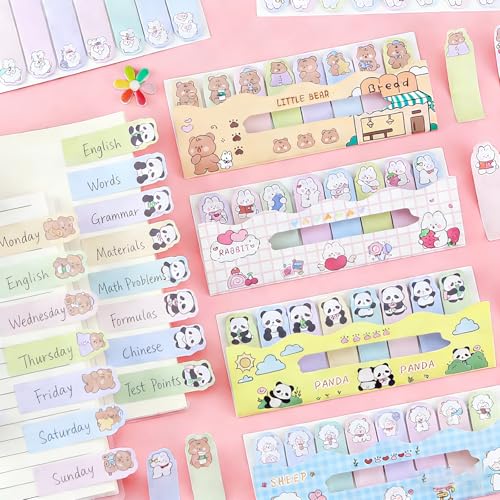 4 Pads Cute Cartoon Self-Stick Index Tabs Sticky Note Tabs Page Flags Bookmarks Mini Sticky Note Paper Page Markers Stickers for Students Books File Notebooks，120 Sheets/pad