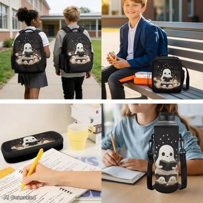 Cute Ghost Backpack for Girls Boys Backpack with Lunch Box Water Bottle Carrier Kawaii Pencil Case 4 in 1 Bookbag with Compartments 17 inch 1st 2nd 3rd School Bag for Kids Back to School - color: Cute Ghost