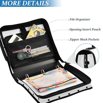 Black Polka Dot White Zipper Binder 3 Ring 1.5 Inch School Binder Organizer with Shoulder Strap Handle File Folder Pockets Large Capacity Students Girl Boy Men Office Work - color: Black Polka Dot White