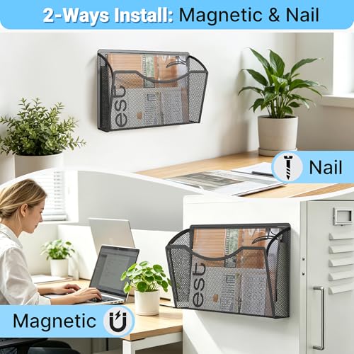 Gawerk Magnetic Wall File Folder, No Drilling Hanging Metal Document Paper Mail Organizer for Office Classroom Home (1 Pocket, Black)
