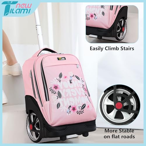 NEW TILAMI 19 inch Rolling Backpack Teens Rolling Backpack Cute Wheeled Laptop Backpack Bookbag Roller Travel Bag College, Flower Pink - color: Pink Flower