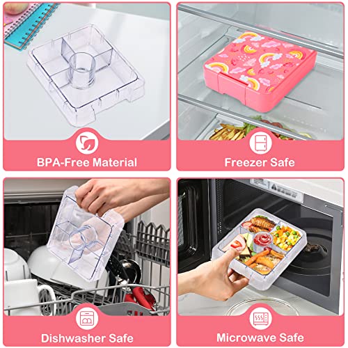 Pawtong Bento Lunch Box Set With 10oz Soup Thermo, Leak-proof Lunch Containers with 4 Compartment, Kids Hot Thermo Food Jar/Insulation Lunch Bag, Food Containers for School（Rainbow） - color: Pink-Rainbow