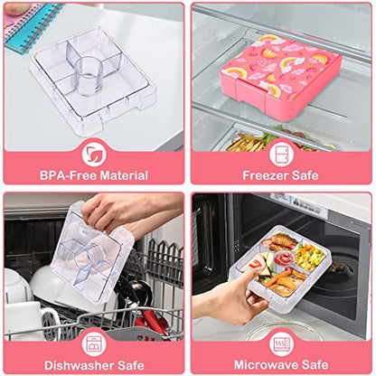 Pawtong Bento Lunch Box Set With 10oz Soup Thermo, Leak-proof Lunch Containers with 4 Compartment, Kids Hot Thermo Food Jar/Insulation Lunch Bag, Food Containers for School（Rainbow） - color: Pink-Rainbow