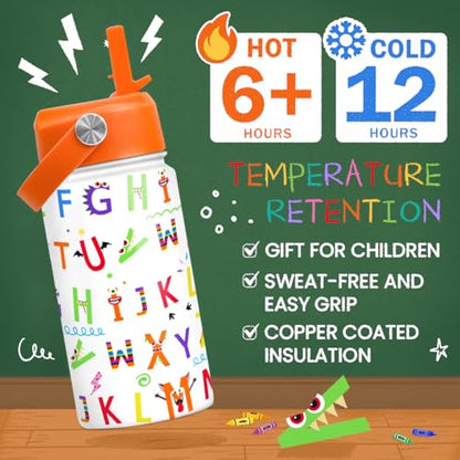 SANDJEST Kids Water Bottle with Straw Lid - 12 Oz Alphabet Insulated Stainless Steel Water Bottles for Kid Girl Boys - Travel Cup for School Sports - color: Alphabet