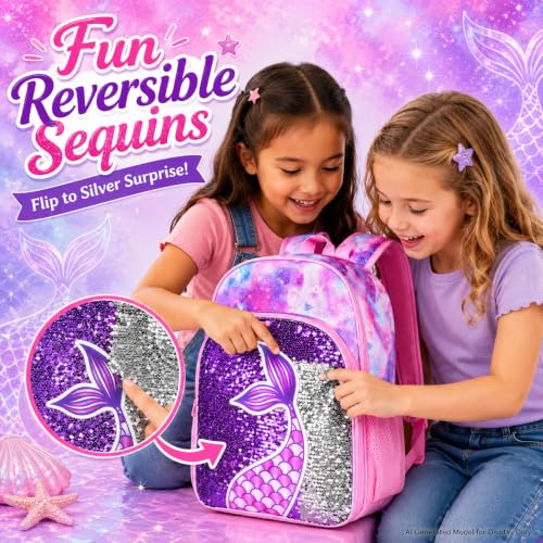 gxtvo 3PCS Girls Backpack, 16" Sequin Prechool Elementary Bookbag and Lunch Box - color: Fish Tail Pink