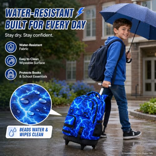 CCJPX Rolling Backpack for Boys, 3Pcs Roller Wheeled School Bookbag, Lightning Wheels Backpacks with Lunch Box for Kids (Blue) - color: Lightning Blue
